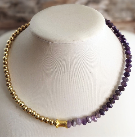 Natural Purple Amethyst Beads With Gold Beads In Half And Half Choker/Necklace - Picture 4 of 9
